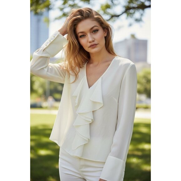 Frame Denim Tops - FRAME Silk Ruffle Blouse Cream Medium V Neck Long Sleeve Luxury Designer Top